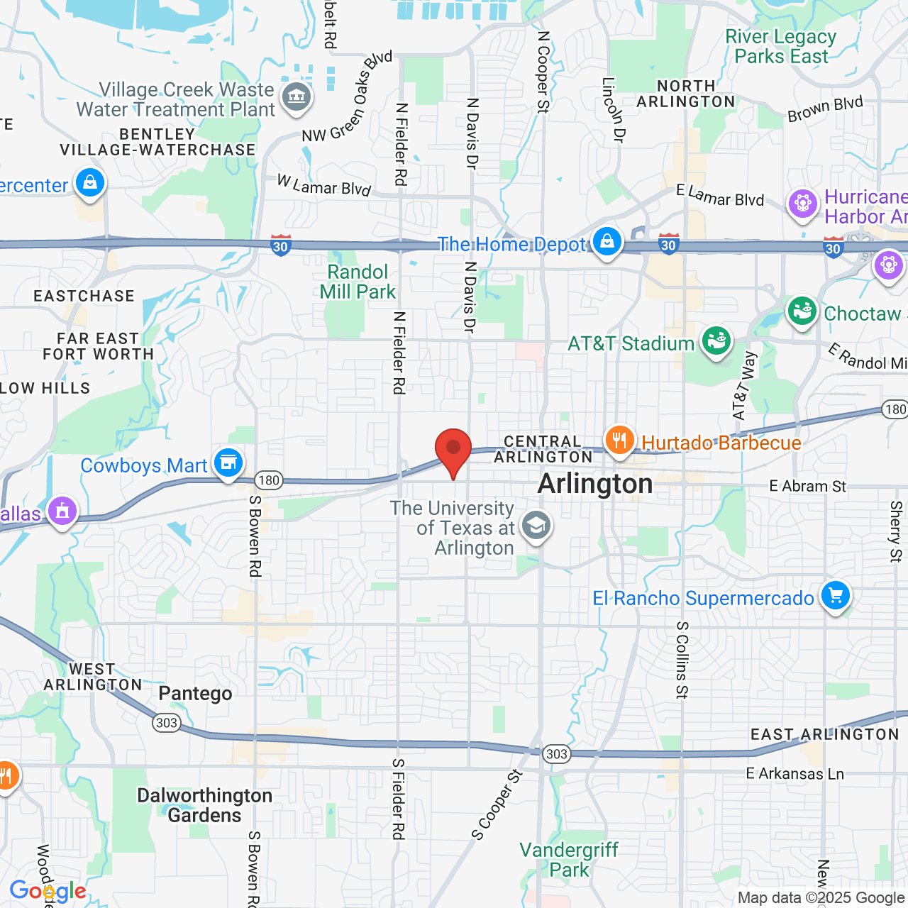 Google map image of our location in 1309 W Abram Street Arlington, TX