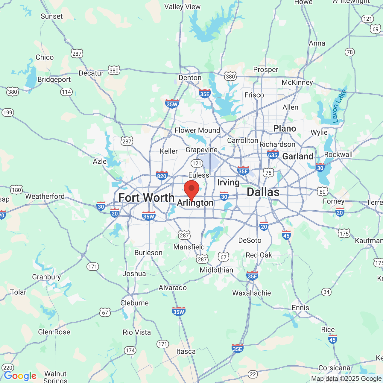 Google map image of our location in 1309 W Abram Street Arlington, TX